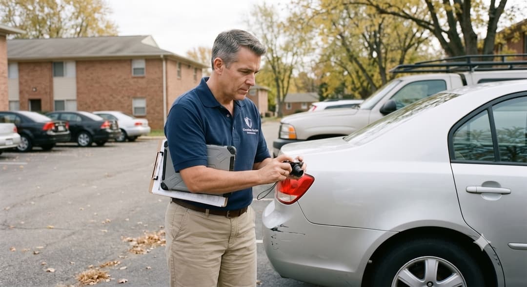 Field assessor inspecting a vehicle